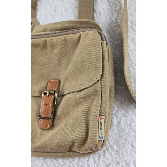 Vtg Fossil Khaki Corduroy Leather Trim Messenger Bag 8"x8" Safari Sac Crossbody - Picture 10 of 10